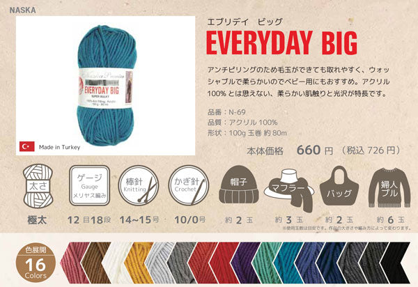 エブリデイビッグ ナスカ 内藤商事 【KY】 毛糸 編み物 100g アンチピリング ウォッシャブル 超極太