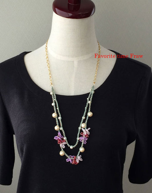 ビーズクロッシェ アクセサリーキット ロングネックレス~花模様~(レッド系) Fraw-321 堤まさみオリジナル 【KN】